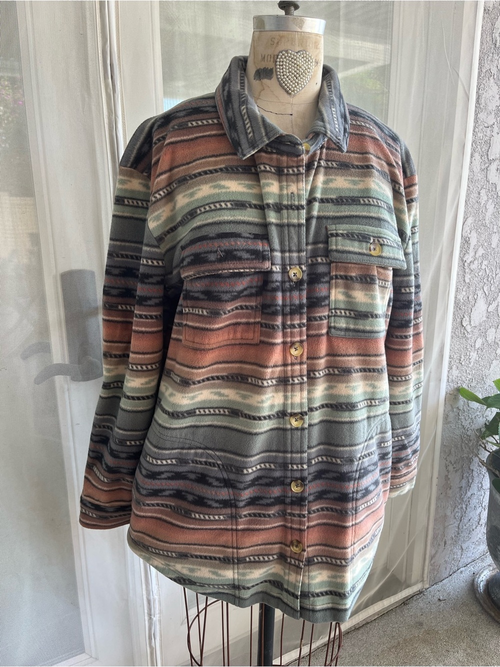 O'Neill Multicolor Striped Fleece Utility Shacket, great for barn or beach!